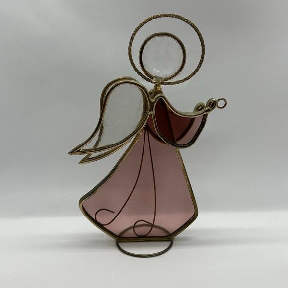 Stained Glass Angel Pink Vintage Handcrafted Stained Glass Halo Decor Suncatcher - Picture 1 of 6